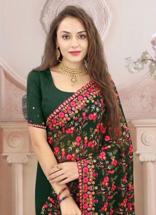 Green Embroidered Georgette Traditional Saree