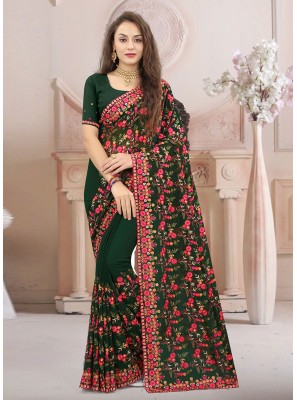Green Embroidered Georgette Traditional Saree