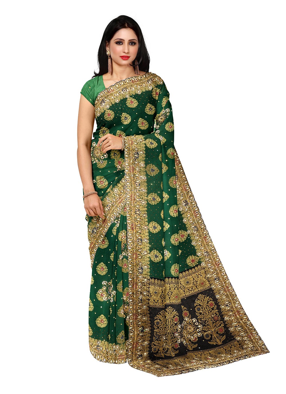 Shop Green Embroidered Kanjivaram Silk Traditional Saree Online : 218757 -