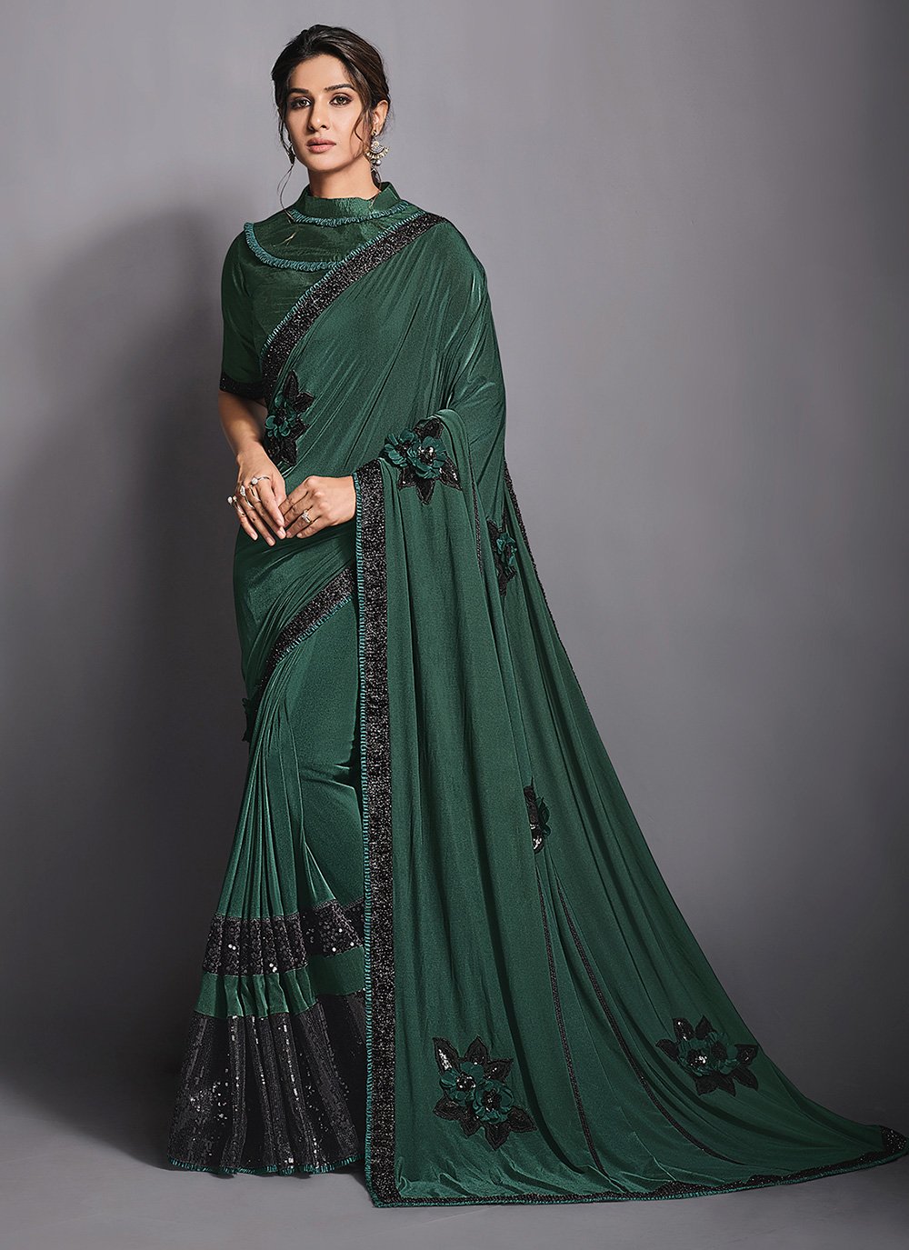 Green Embroidered Lycra Trendy Saree