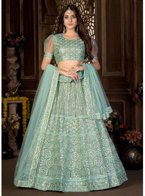Green Embroidered Net Lehenga Choli