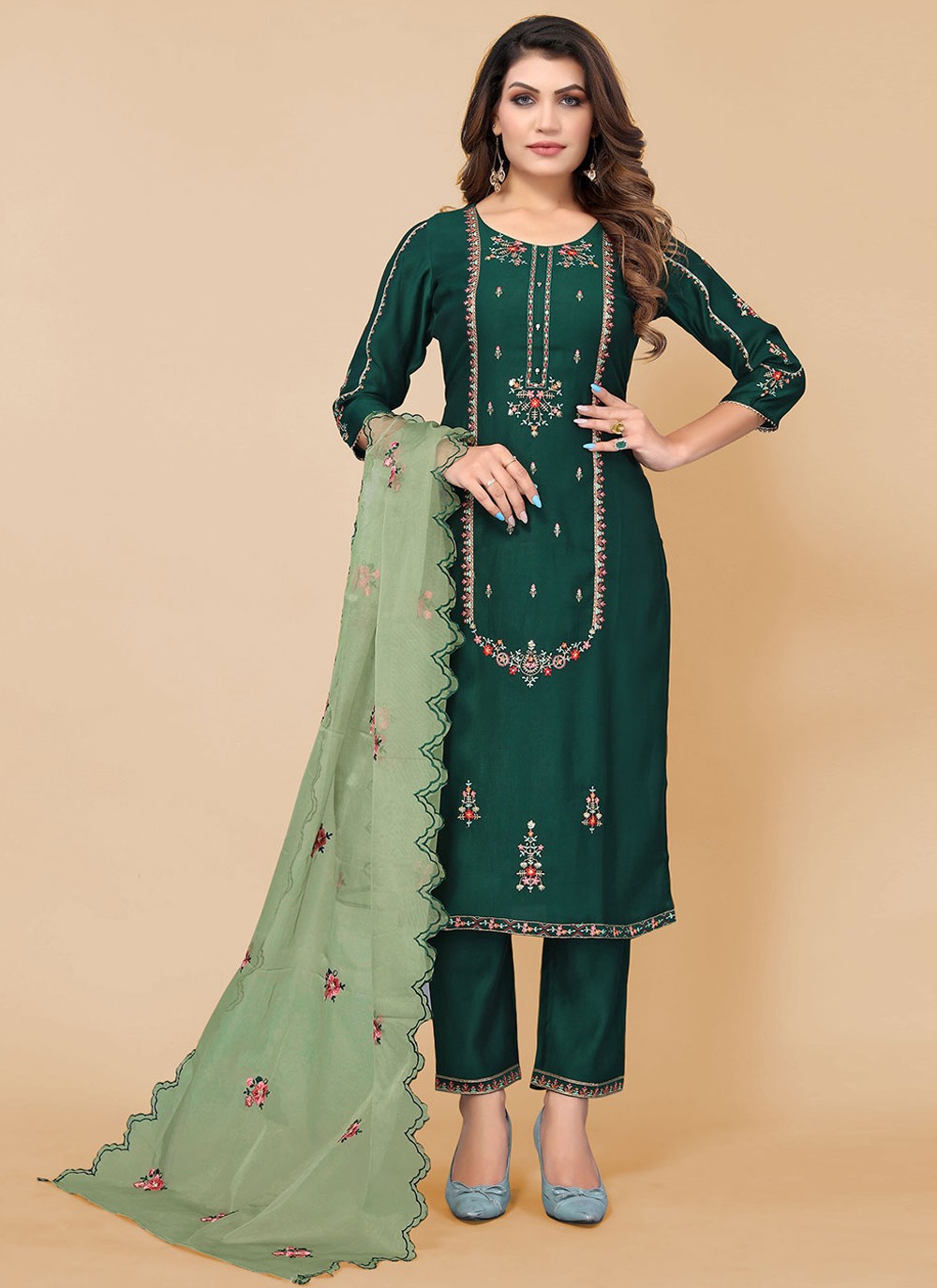 Green Embroidered Party Pant Style Suit