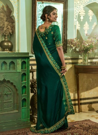 Green Embroidered Vichitra Silk Designer Saree