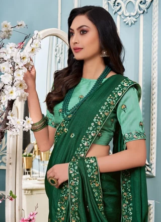 Green Embroidered Vichitra Silk Trendy Saree