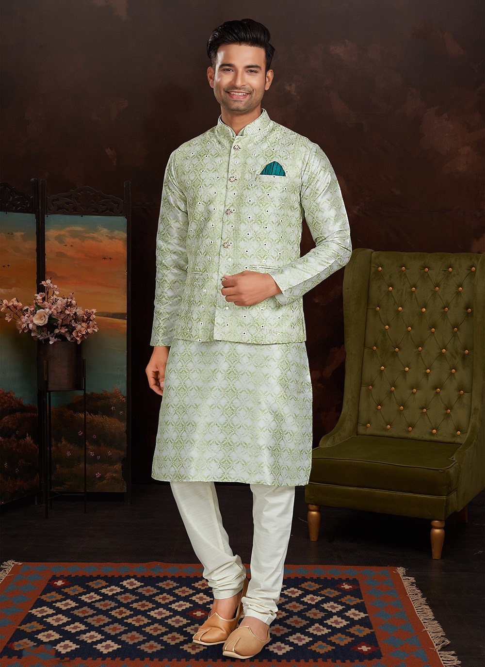 Light green kurta discount pajama with jacket