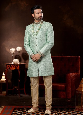 Fancy Fabric Sherwani In Green