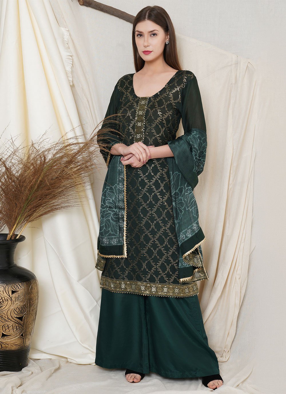 Green Faux Chiffon Designer Pakistani Suit