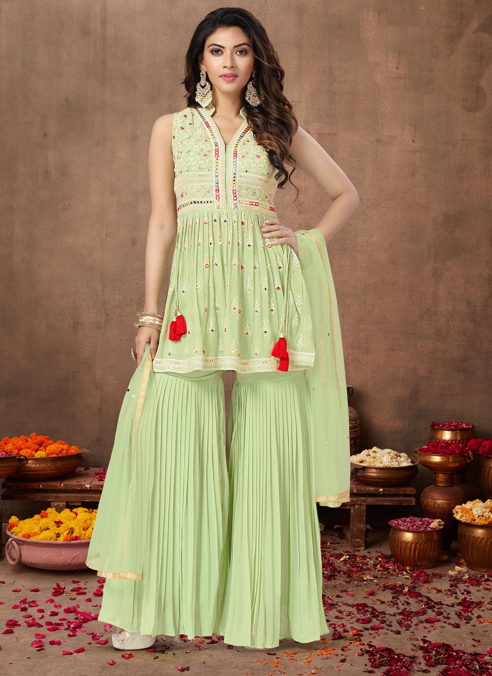 Green Faux Georgette Embroidered Designer Palazzo Suit
