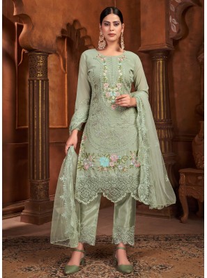 Green Faux Georgette Embroidered Pant Style Suit