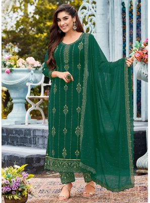Green Faux Georgette Embroidered Pant Style Suit