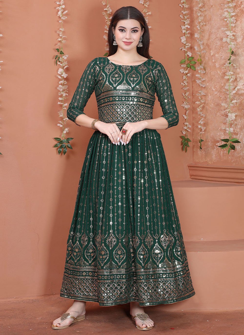 Green Faux Georgette Sequins Gown 