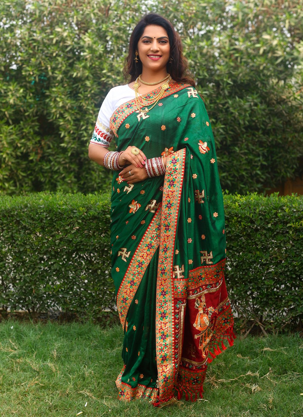 Green Festival Vichitra Silk Traditional Designer Saree