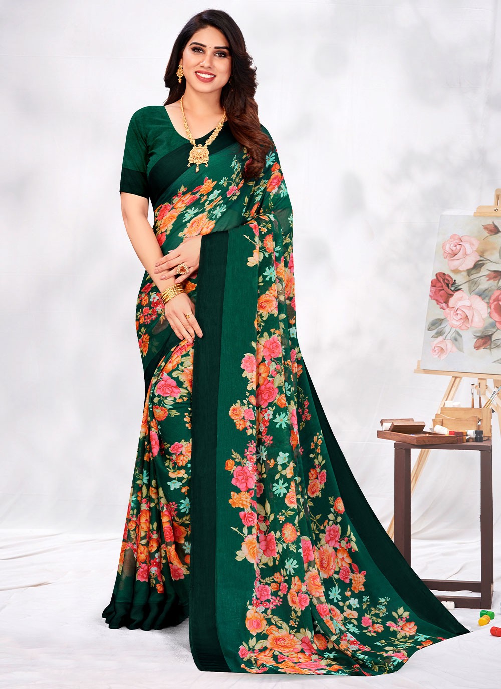 Green Floral Print Ceremonial Classic Saree
