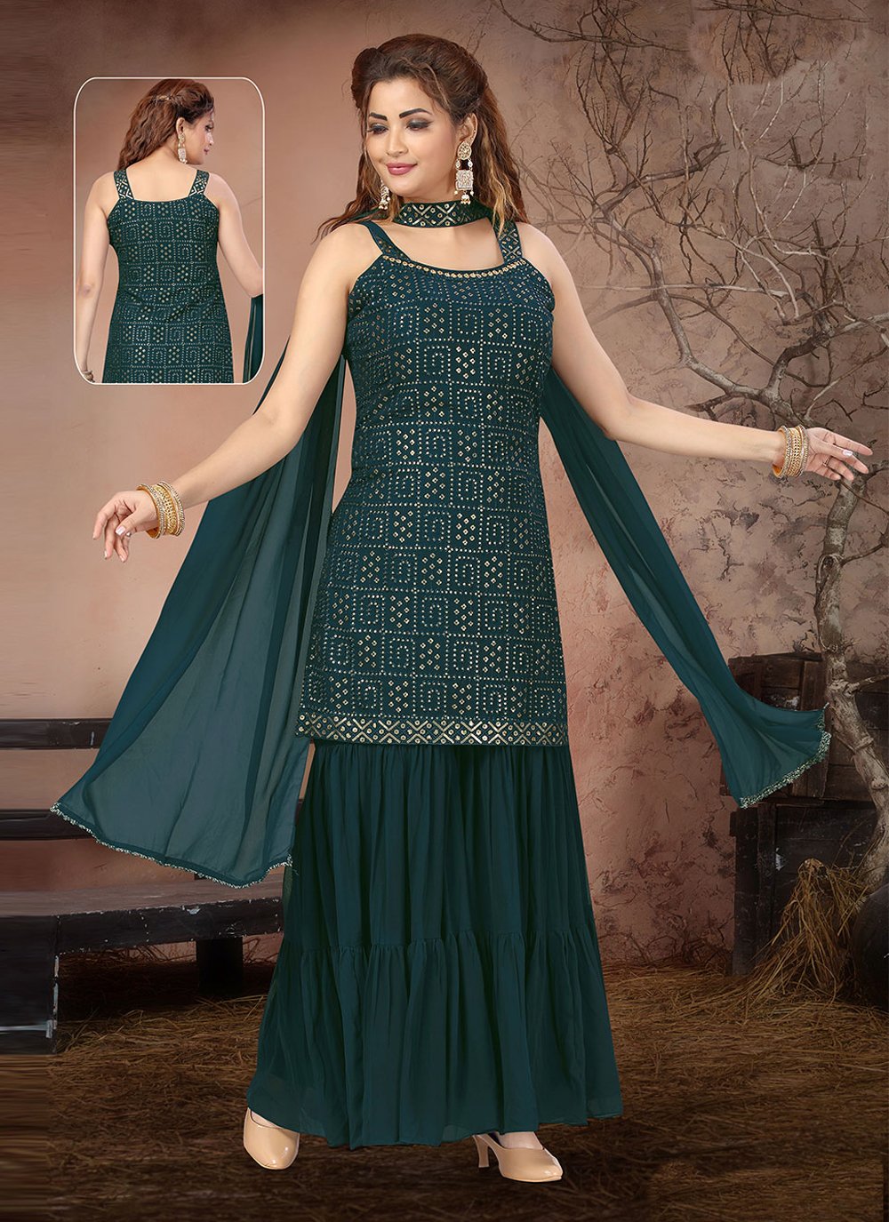 Green Georgette Embroidered Designer Palazzo Suit