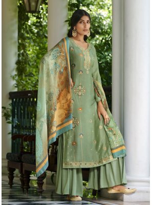 Green Jacquard Silk Straight Salwar Suit