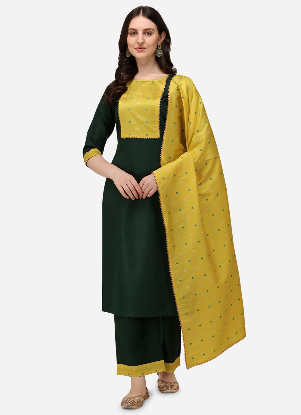 Green Jacquard Work Polyester Straight Salwar Suit
