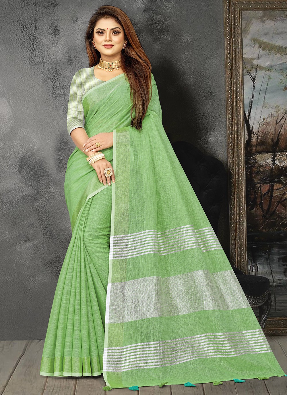 Green Linen Party Traditional Saree