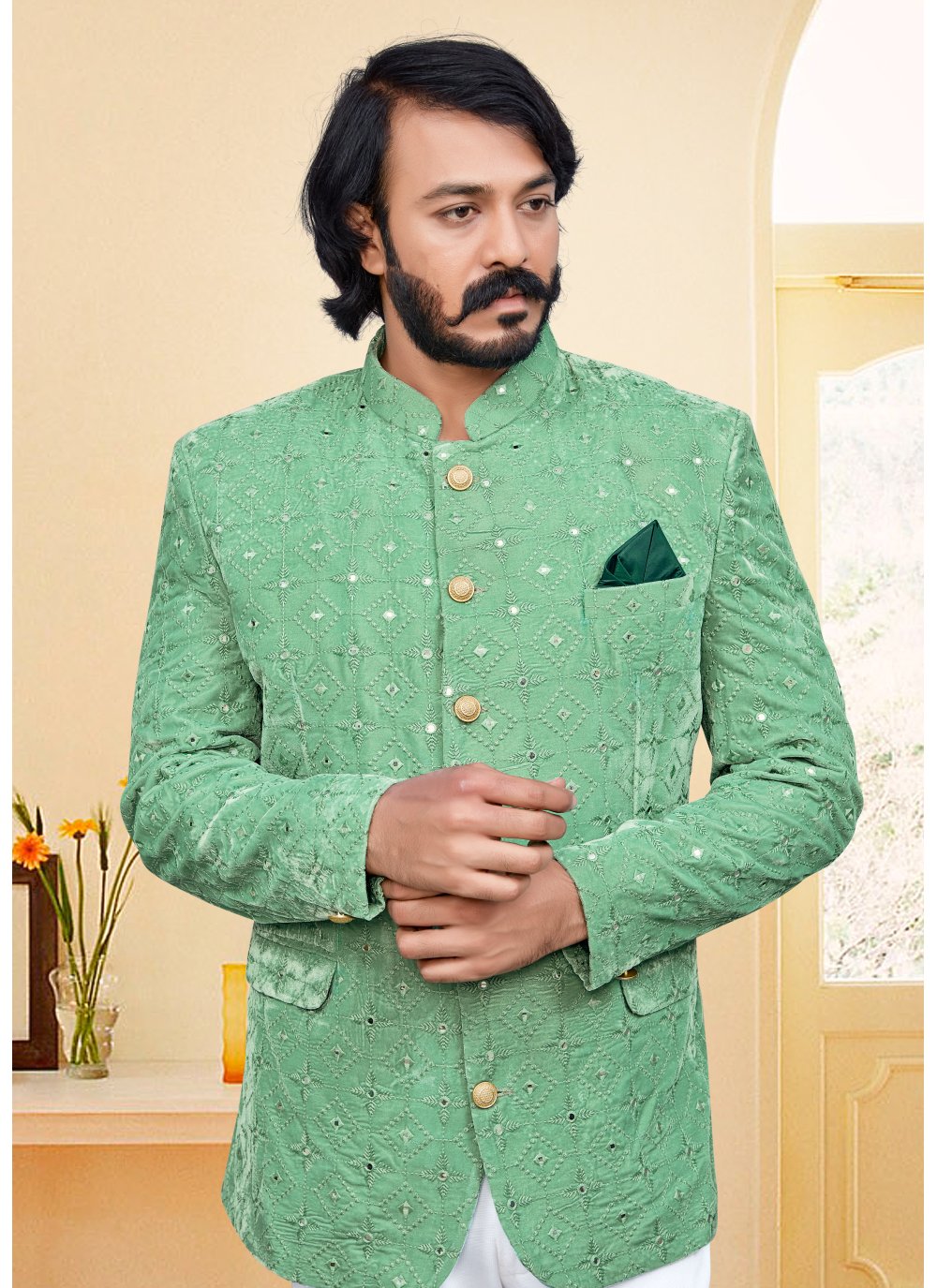 Buy Timber Green Woven Italian Jodhpuri Suit Online | Samyakk