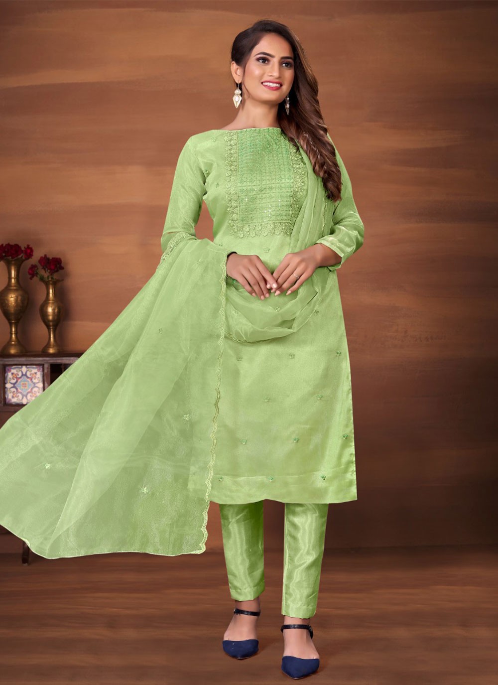 Green Party Organza Trendy Salwar Suit