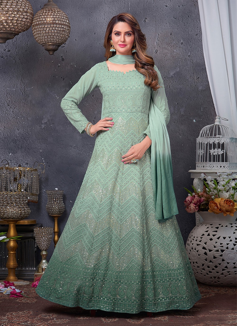 Green Party Readymade Trendy Gown 