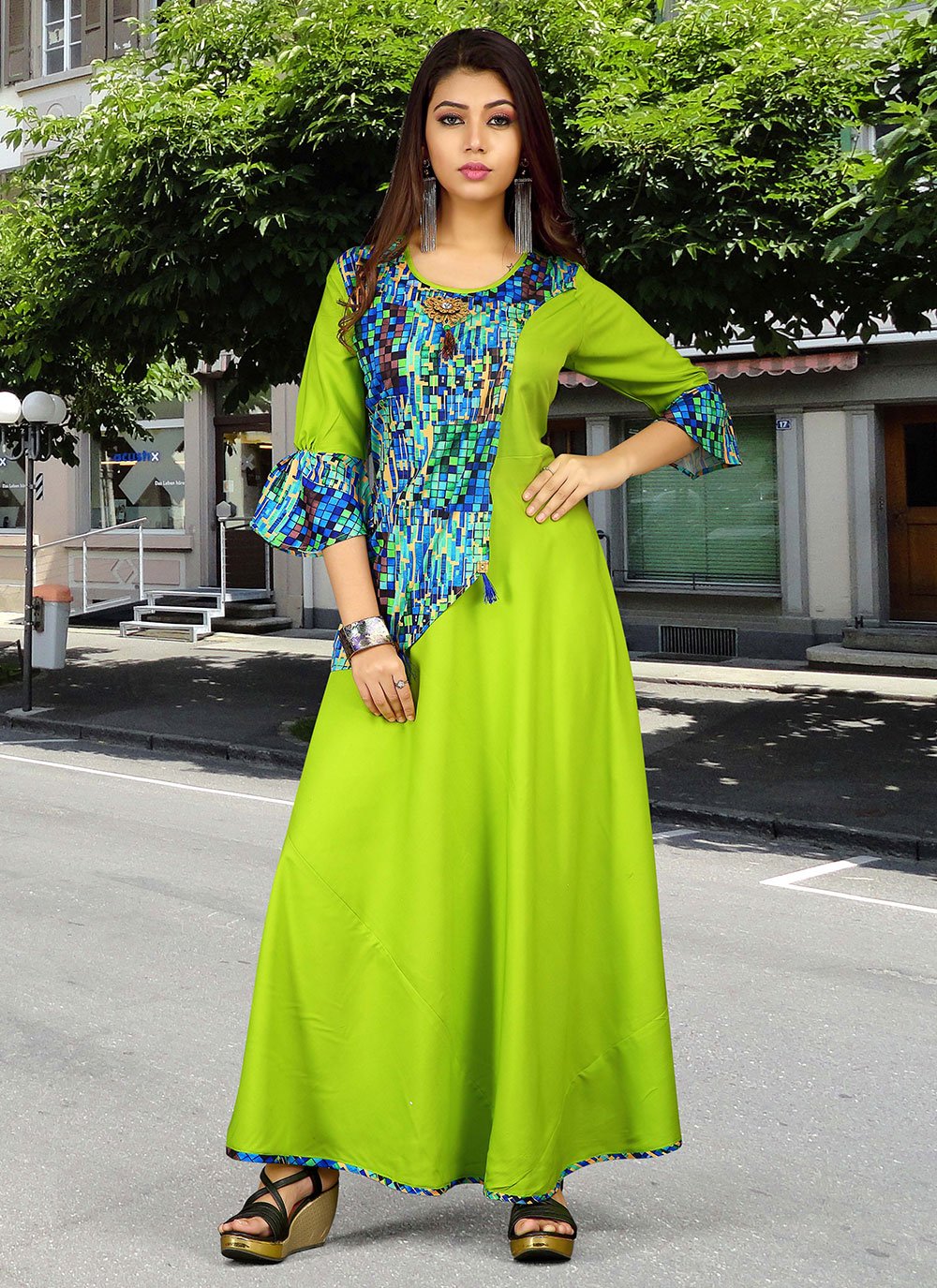 Green Print Rayon Designer Gown
