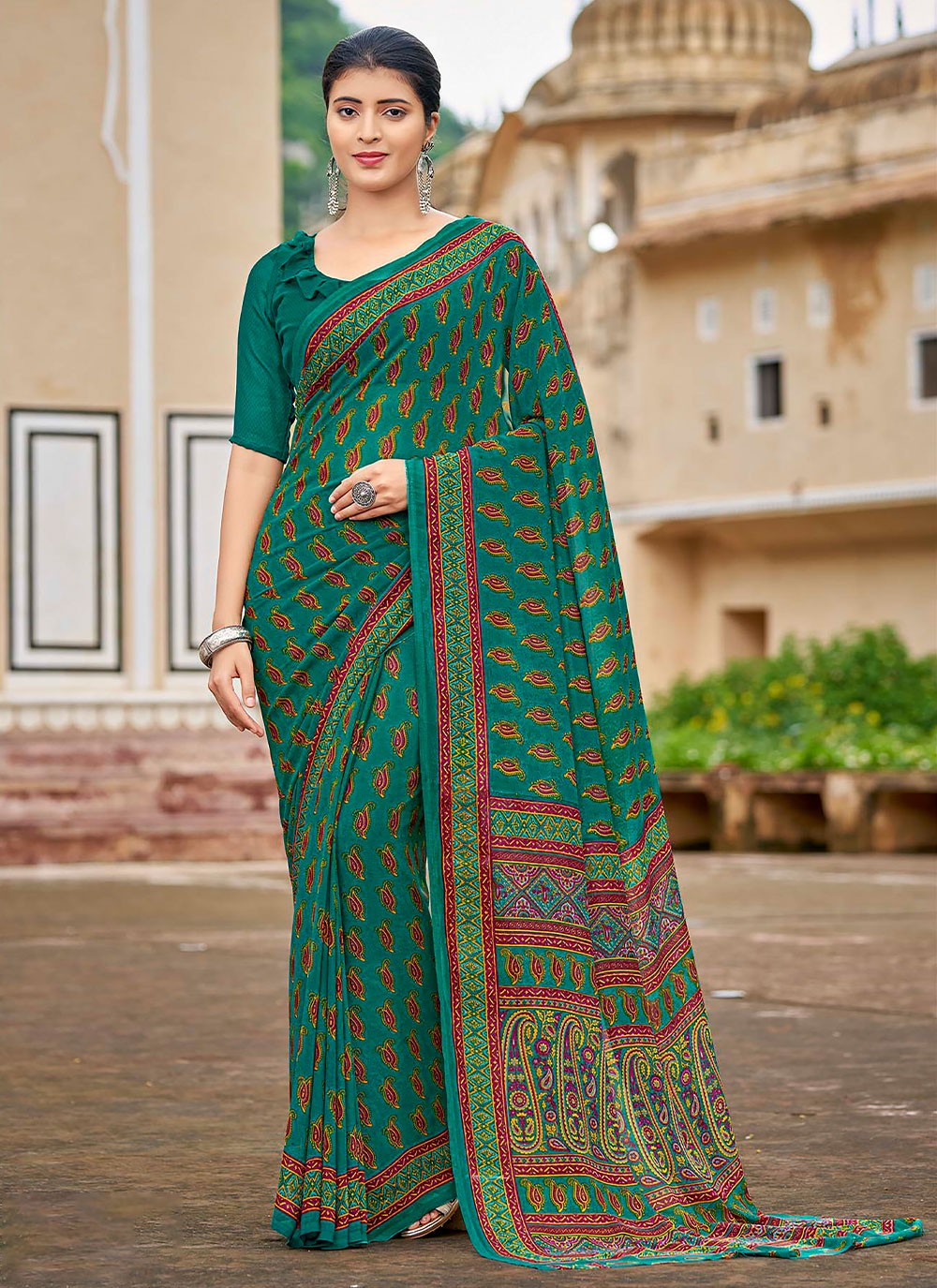 Green Printed Traditional Saree