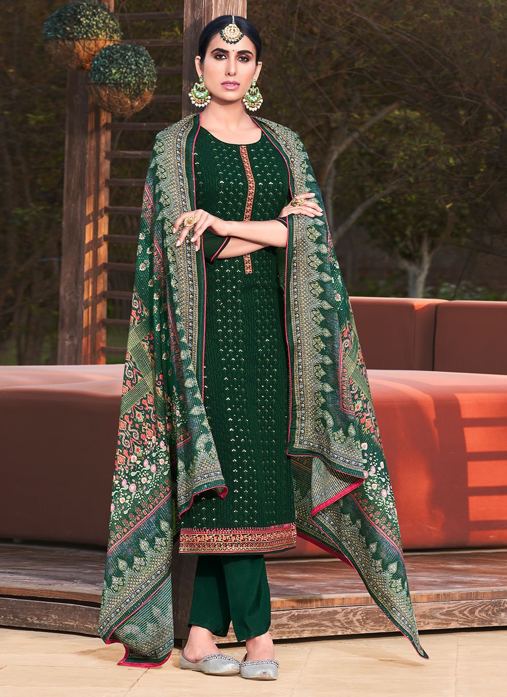 Green Pure Georgette Designer Straight Salwar Kameez
