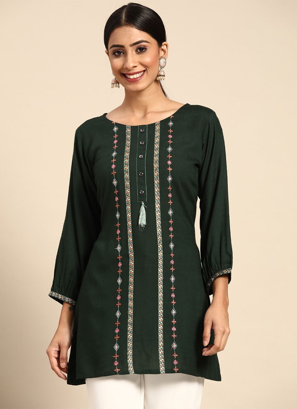 Green Rayon Embroidered Party Wear Kurti