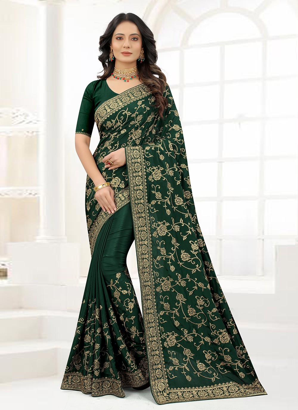Green Satin Silk Traditional Designer Saree