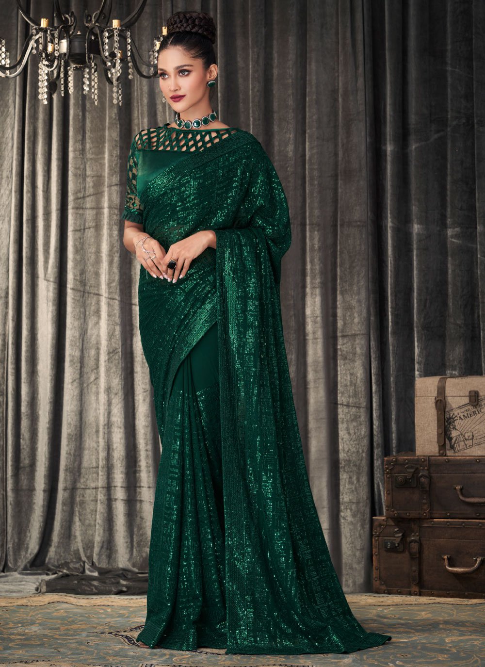 Inayaat green sequin stitched saree – Thread & Button