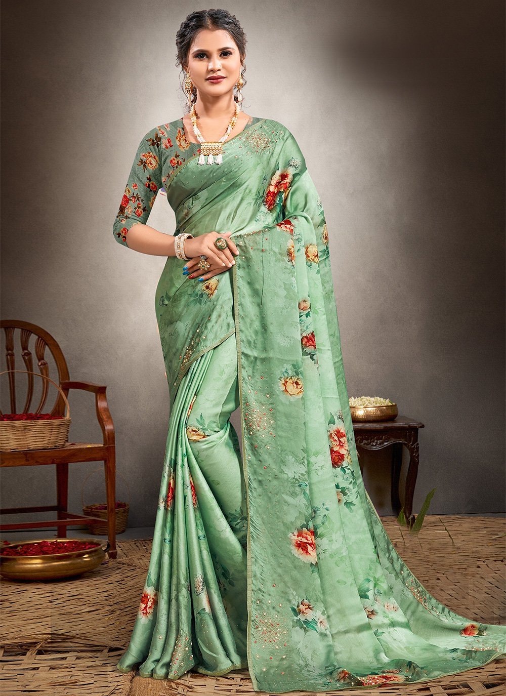 Green Swarovski Satin Silk Classic Designer Saree