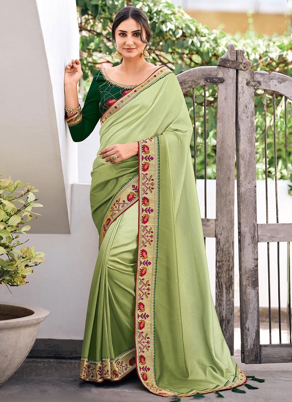 Green Vichitra Silk Weaving Classic Designer Saree