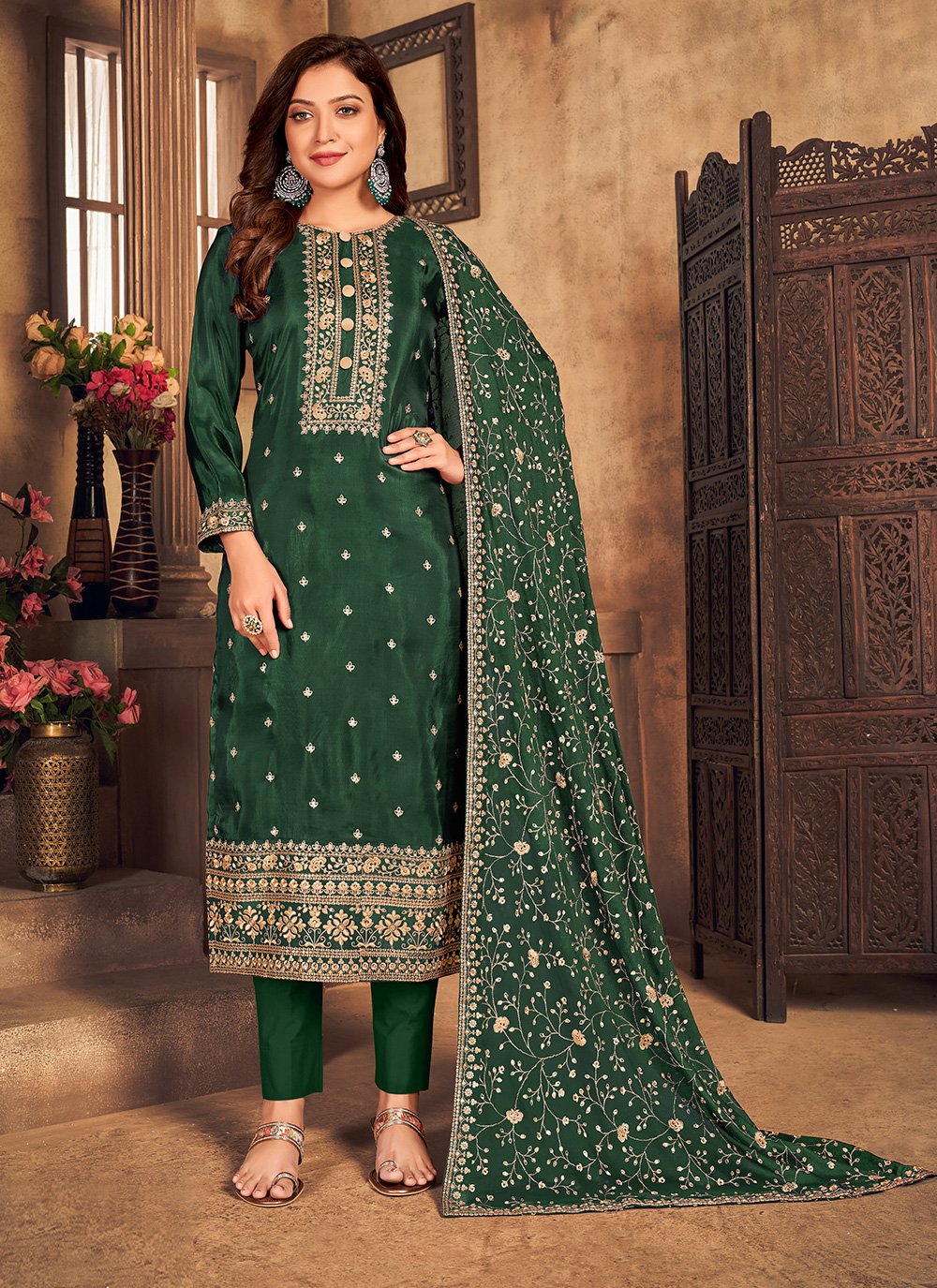 Green Viscose Embroidered Pant Style Suit