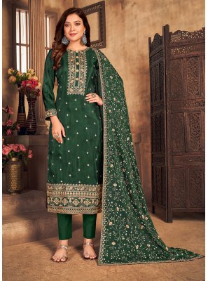 Green Viscose Embroidered Pant Style Suit