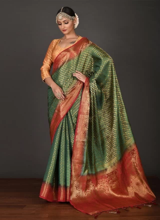 Organza Olive Green Zari Weaved South Indian Saree|SARV156334