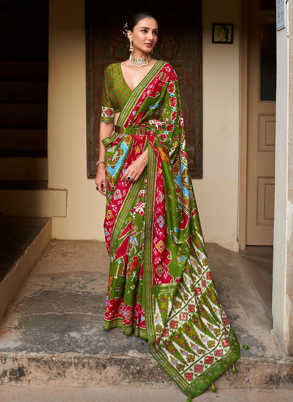 Green Wedding Patola Silk  Designer Saree