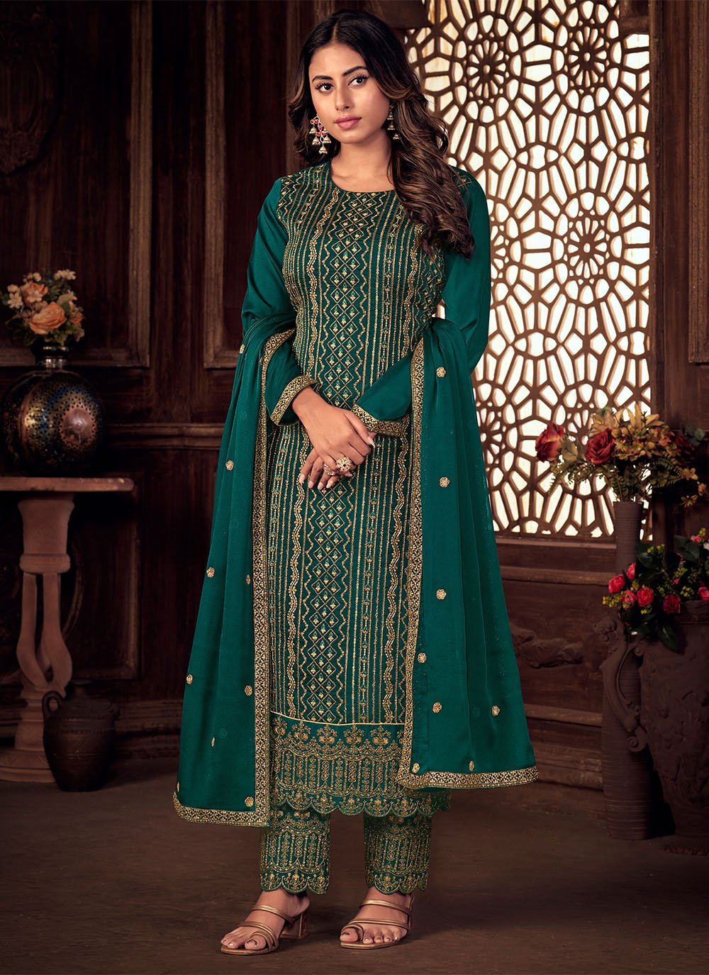 Green Wedding Pure Silk Pant Style Suit