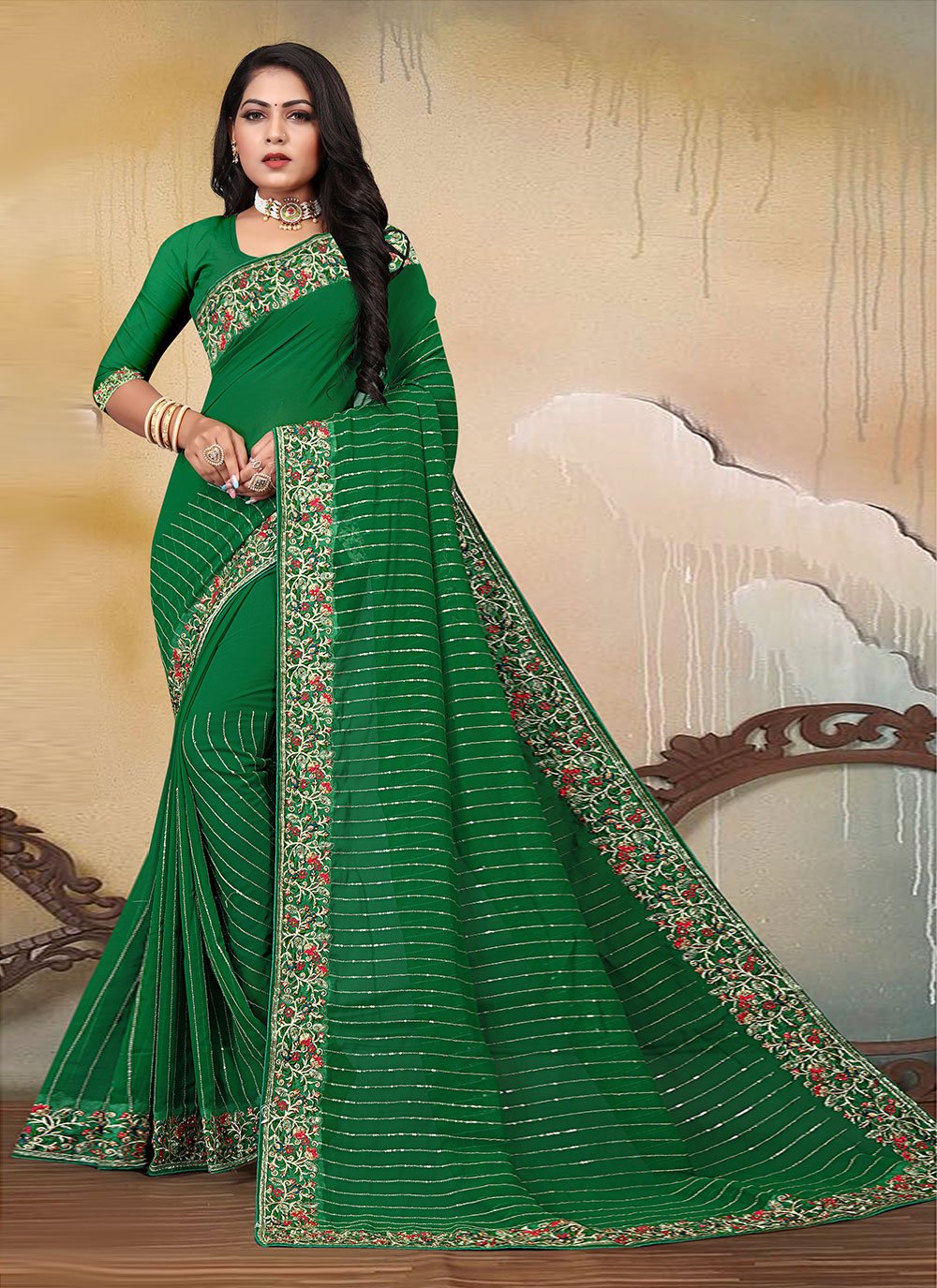 Green Weight Less Contemporary Style Saree