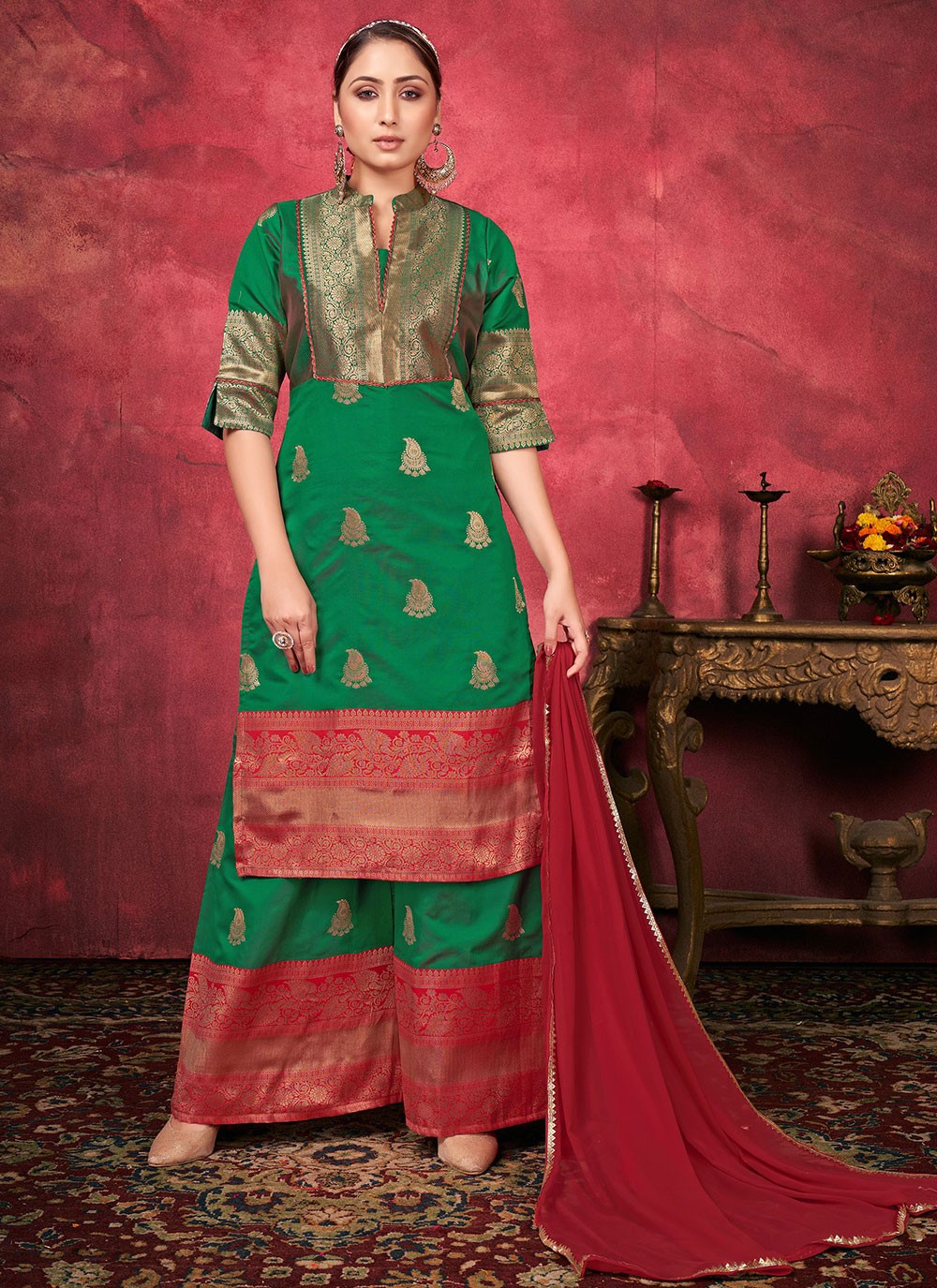 Green Woven Readymade Salwar Suit