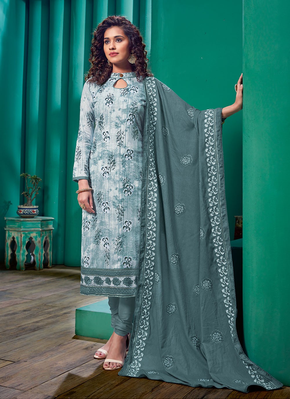 Pure Cotton Unstitched Blue Salwar Suit Material with Khadi Print – Stilento