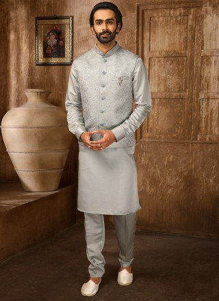 Grey Art Banarasi Silk Mehndi Kurta Payjama With Jacket