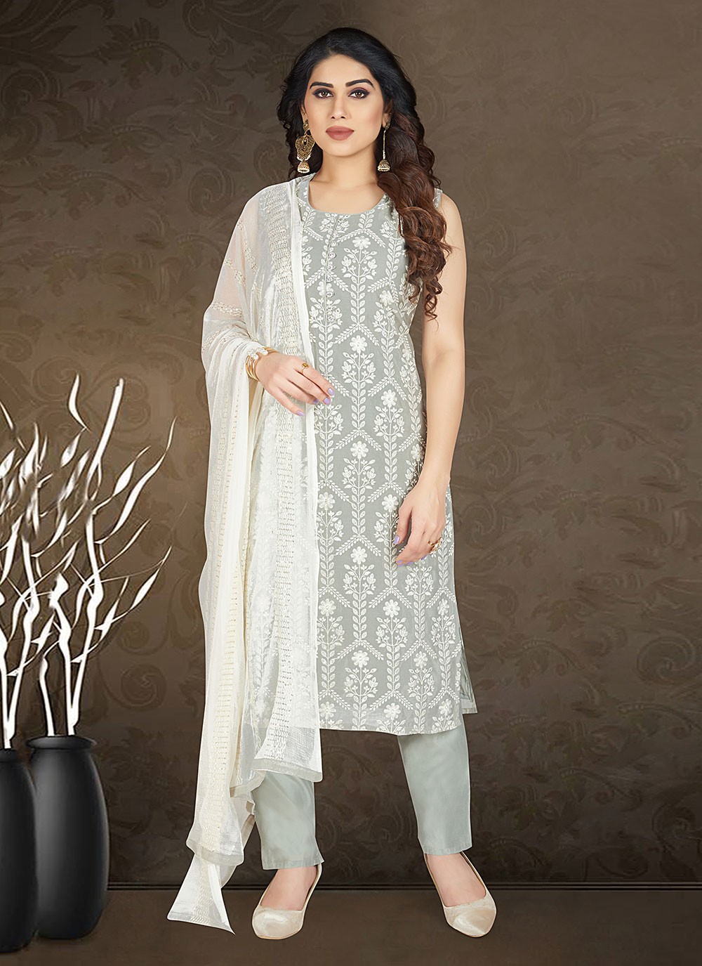 Grey Ceremonial Chanderi Silk Readymade Salwar Suit