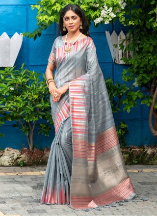 Grey Ceremonial Tussar Silk Traditional Designer Saree