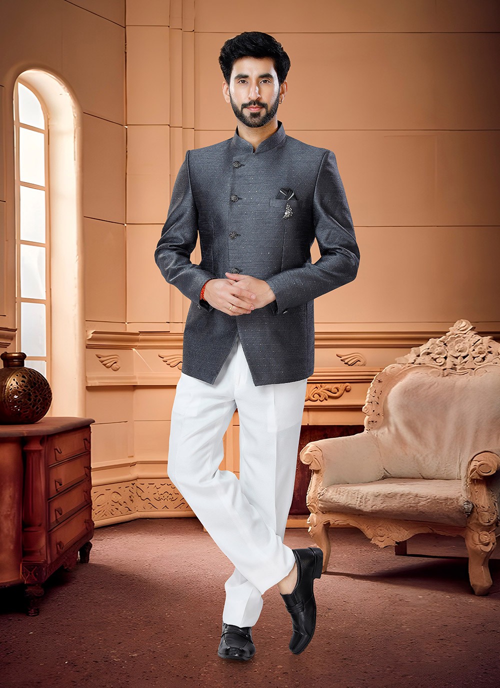 Grey Color Embroidered Wedding Wear Long Anarkali Salwar Suit In Net Fabric