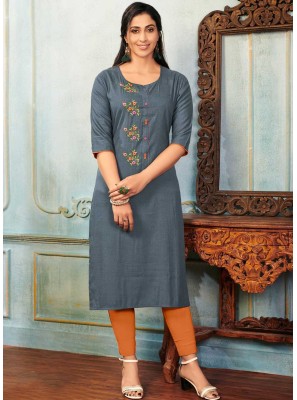 Grey Cotton Embroidered Party Wear Kurti