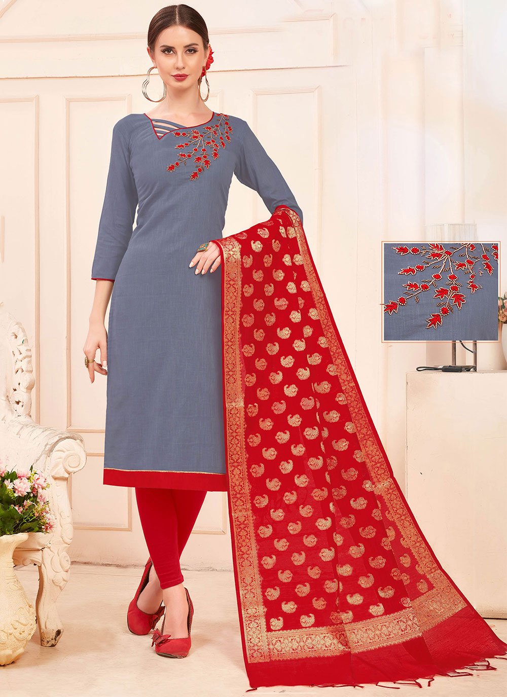 Grey Cotton Party Churidar Salwar Kameez