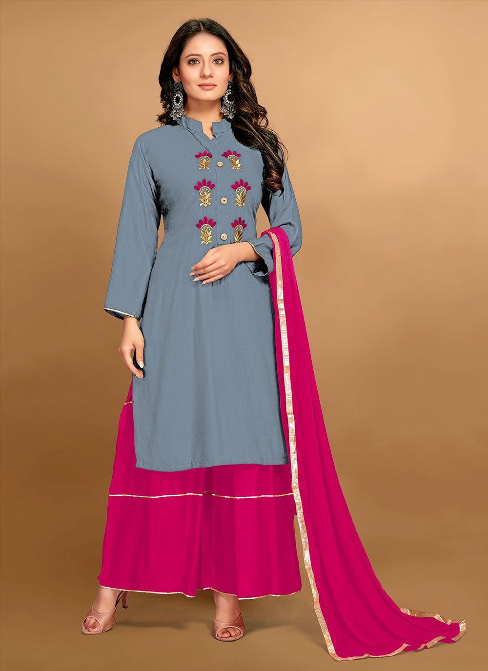 Grey Embroidered Casual Designer Palazzo Suit