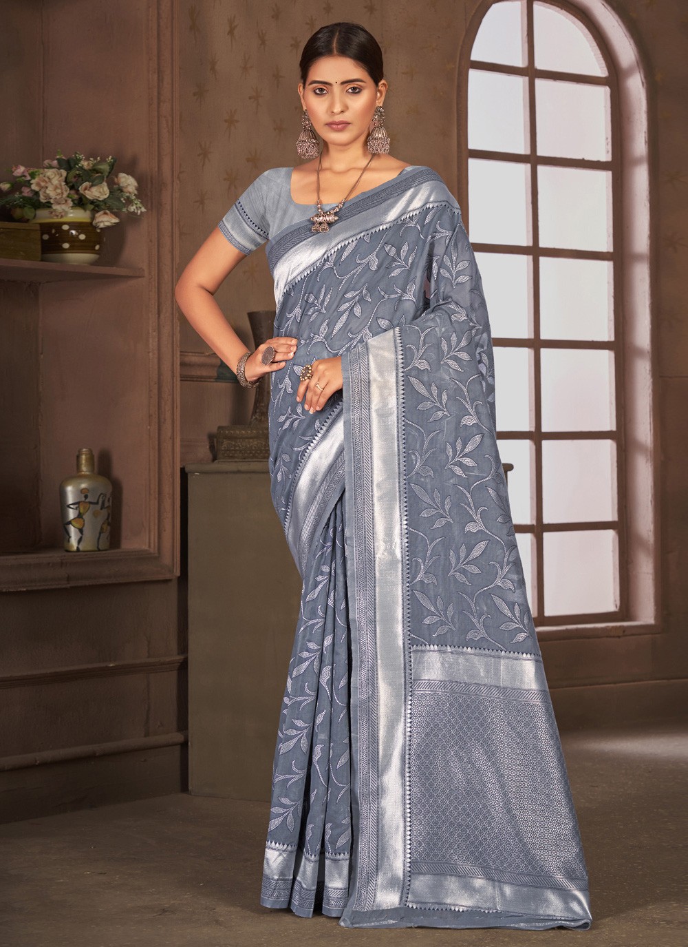 Grey Embroidered Cotton Classic Saree