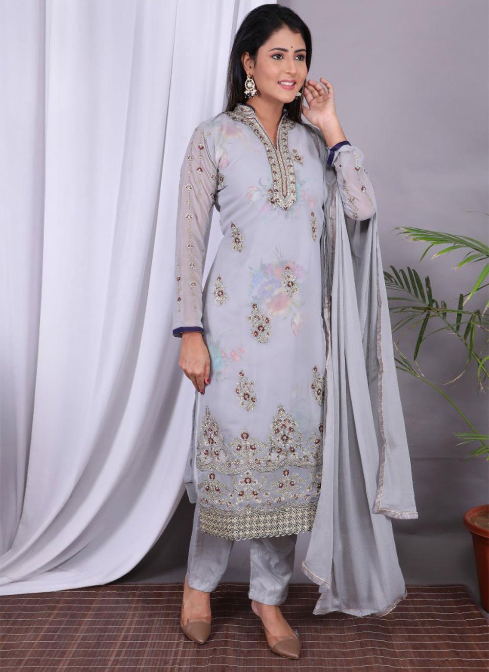 Grey Embroidered Designer Straight Suit
