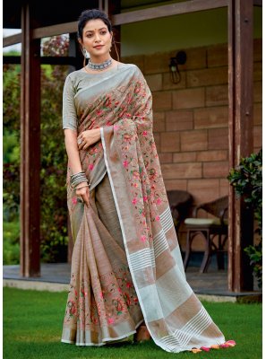 Grey Embroidered Linen Classic Saree